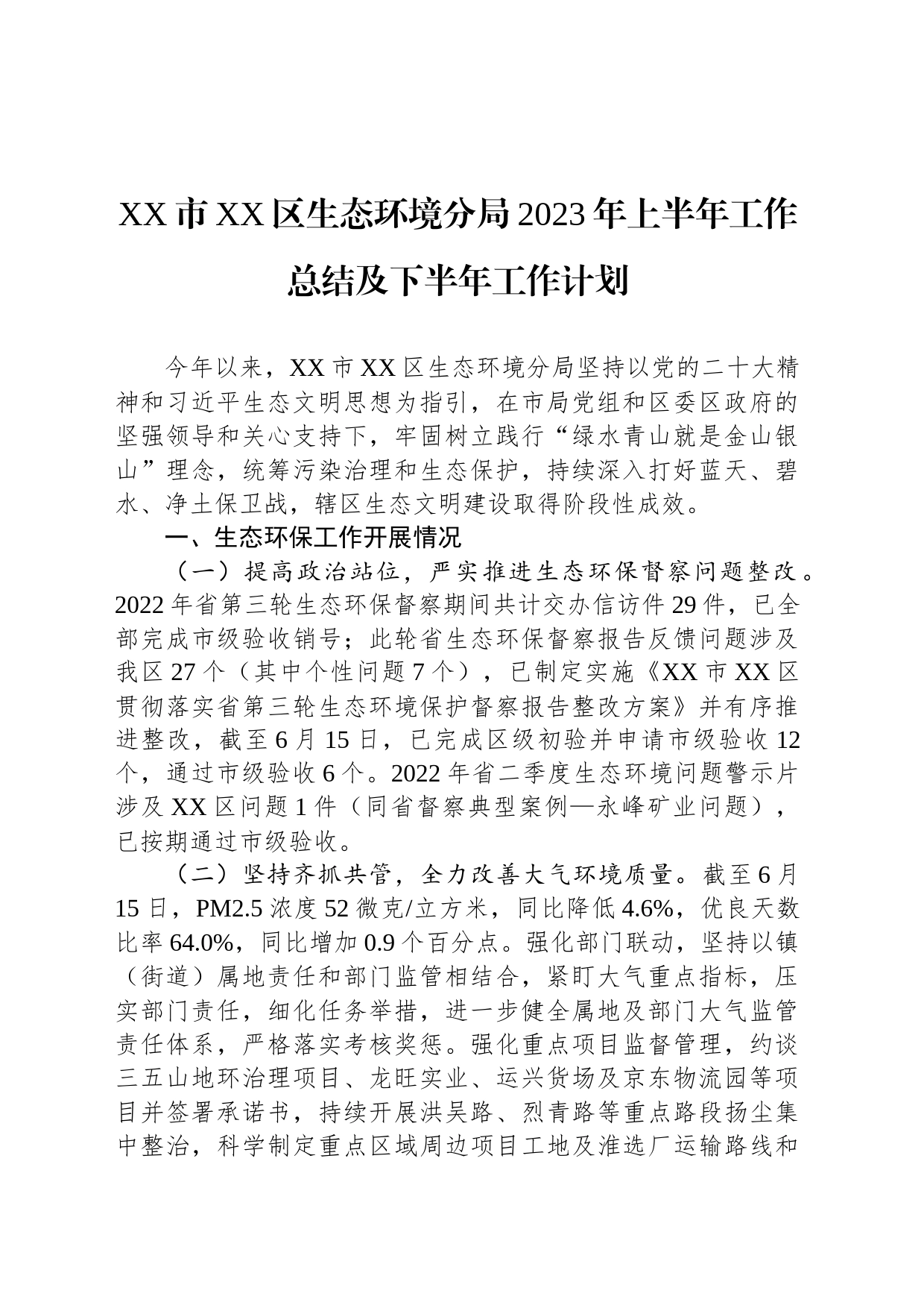 XX市XX区生态环境分局2023年上半年工作总结及下半年工作计划（20230626）_第1页