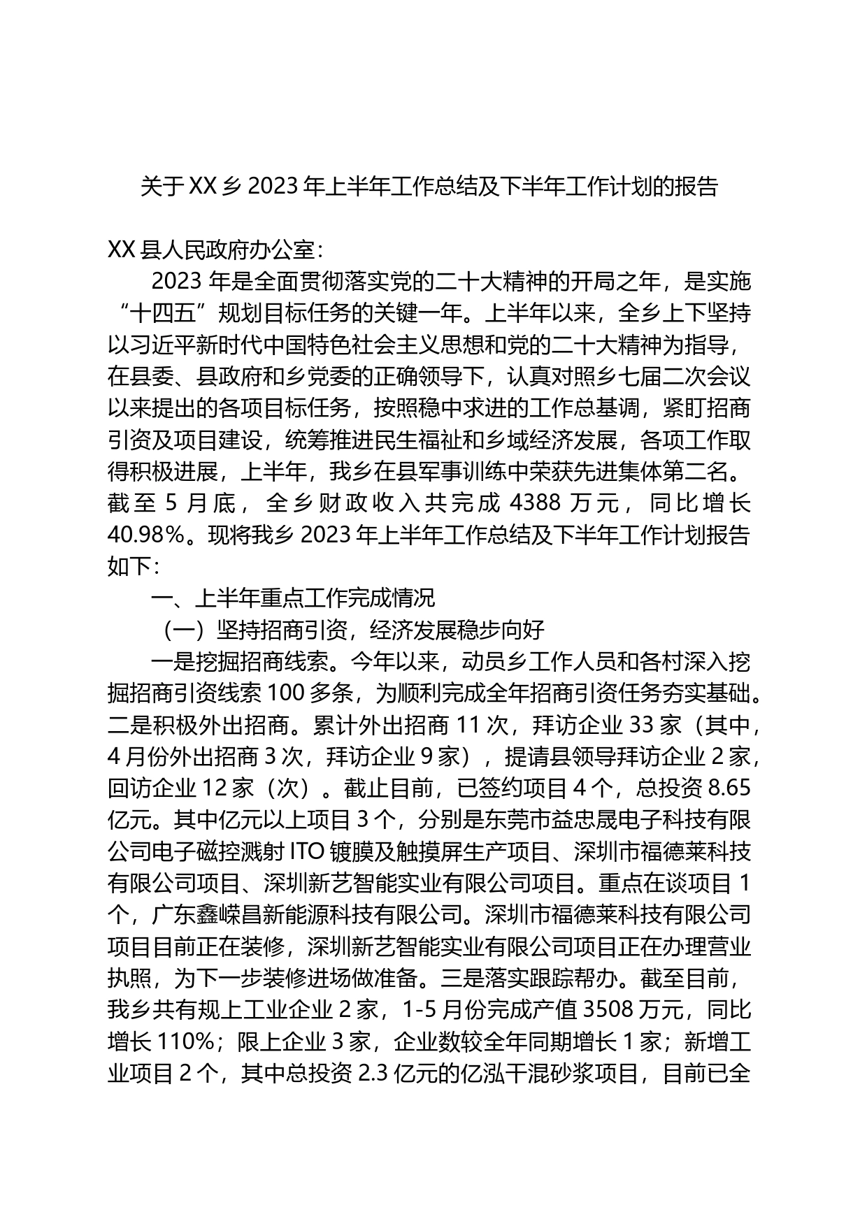 乡2023年上半年工作总结及下半年工作计划的报告_第1页