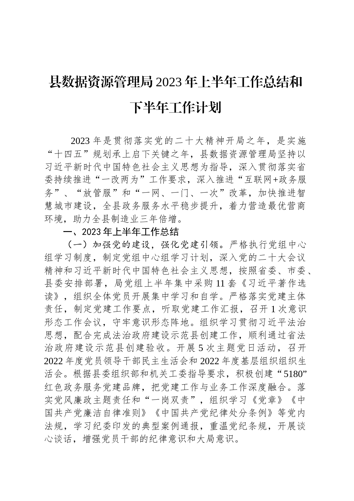 县数据资源管理局2023年上半年工作总结和下半年工作计划（20230625）_第1页