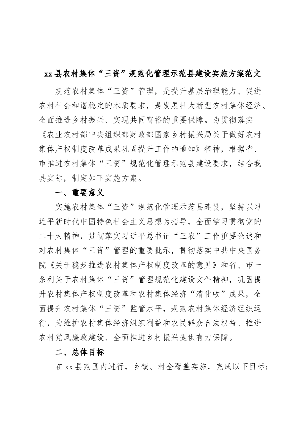 县农村集体三资规范化管理示范县建设工作实施方案_第1页