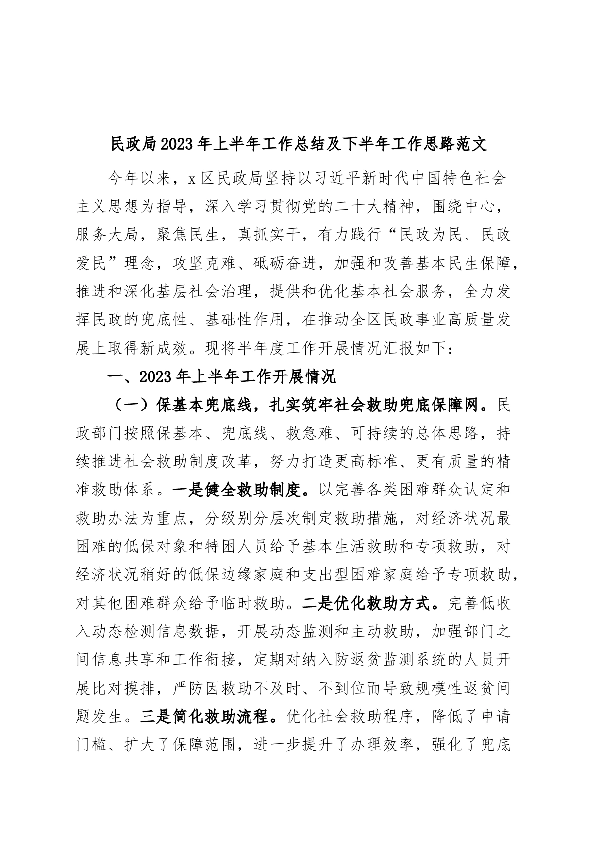 民政局2023年上半年工作总结及下半年计划（汇报报告）_第1页