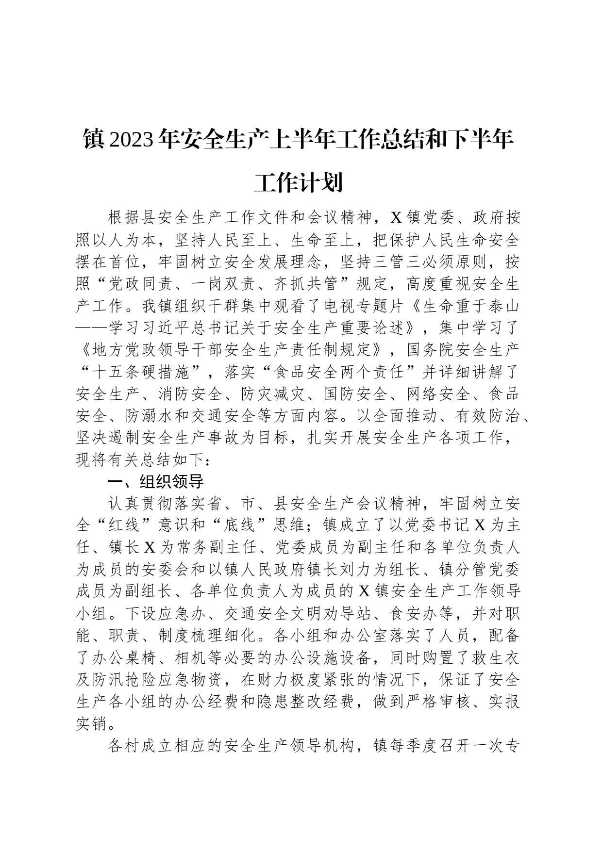 镇2023年安全生产上半年工作总结和下半年工作计划_第1页