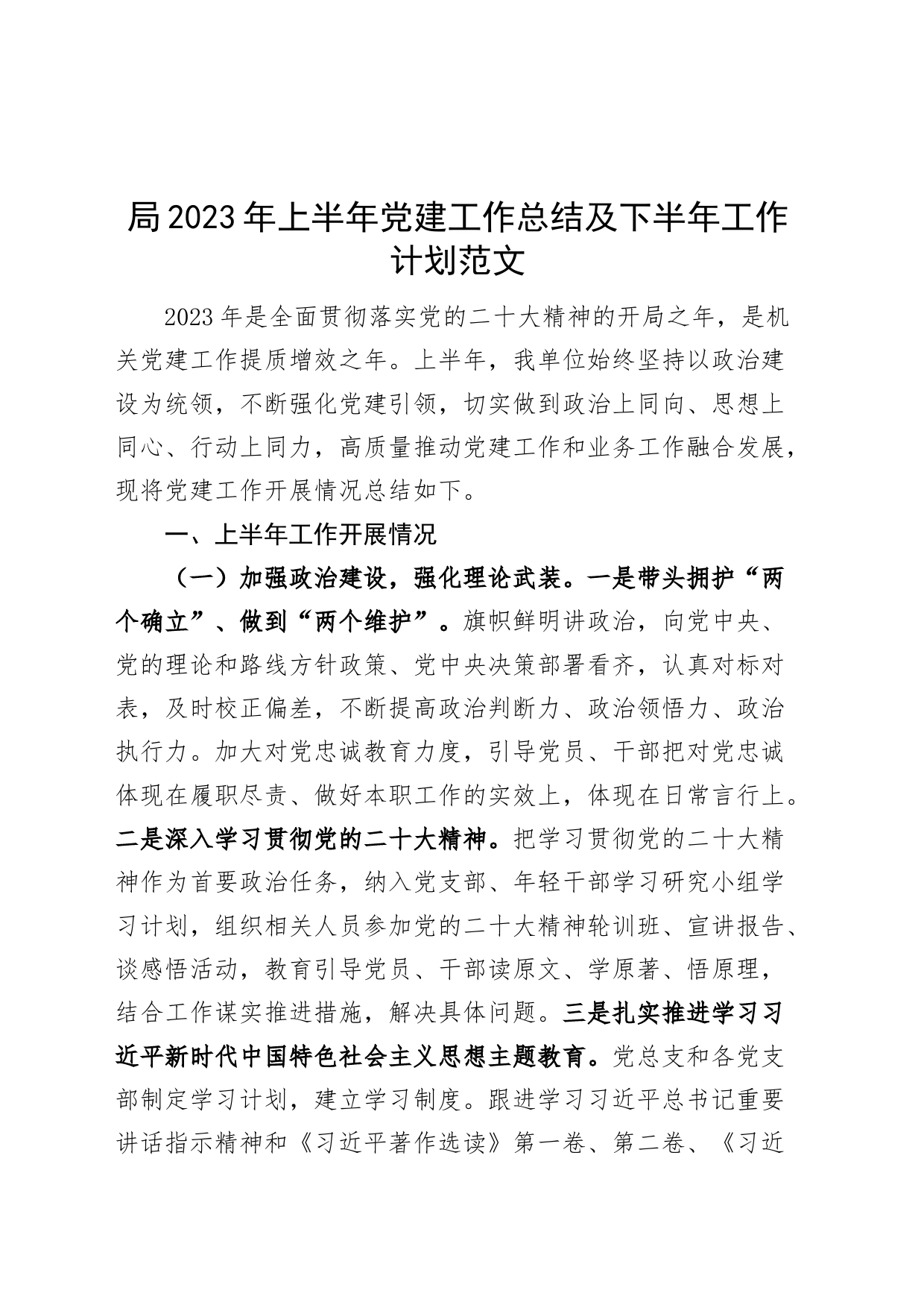 局2023年上半年党建工作总结及下半年计划（汇报报告）_第1页
