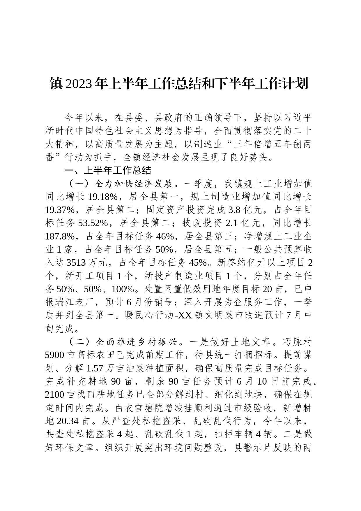 镇2023年上半年工作总结和下半年工作计划（20230625）_第1页