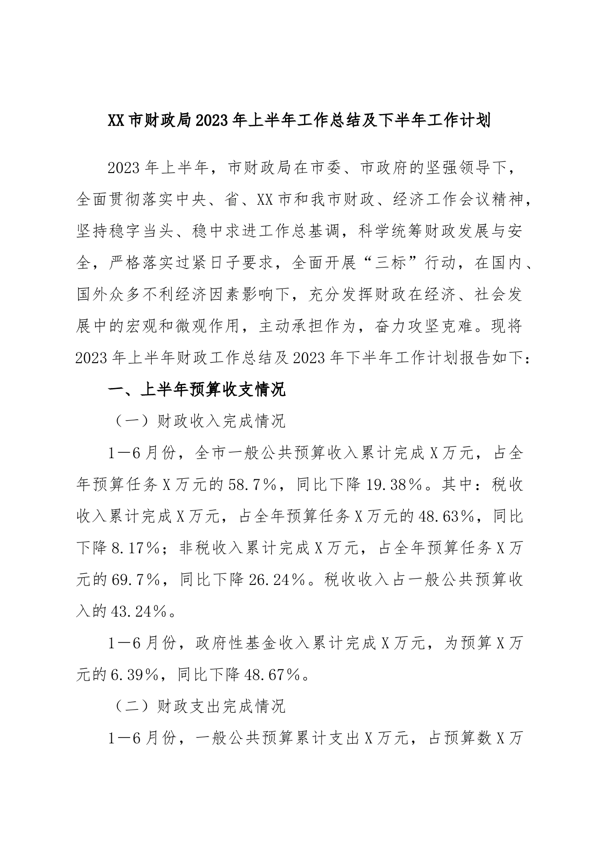 XX市财政局2023年上半年工作总结及下半年工作计划_第1页