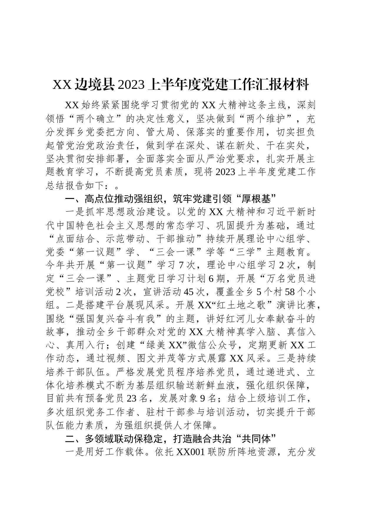 XX边境县2023上半年度党建工作汇报材料_第1页