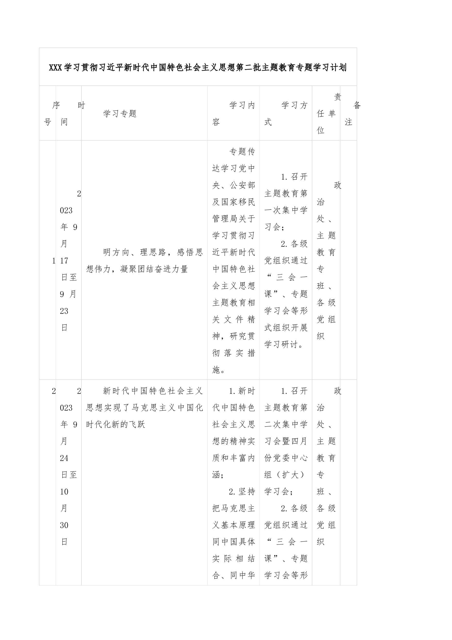 XXX学习贯彻习近平新时代中国特色社会主义思想第二批主题教育专题学习计划_第1页