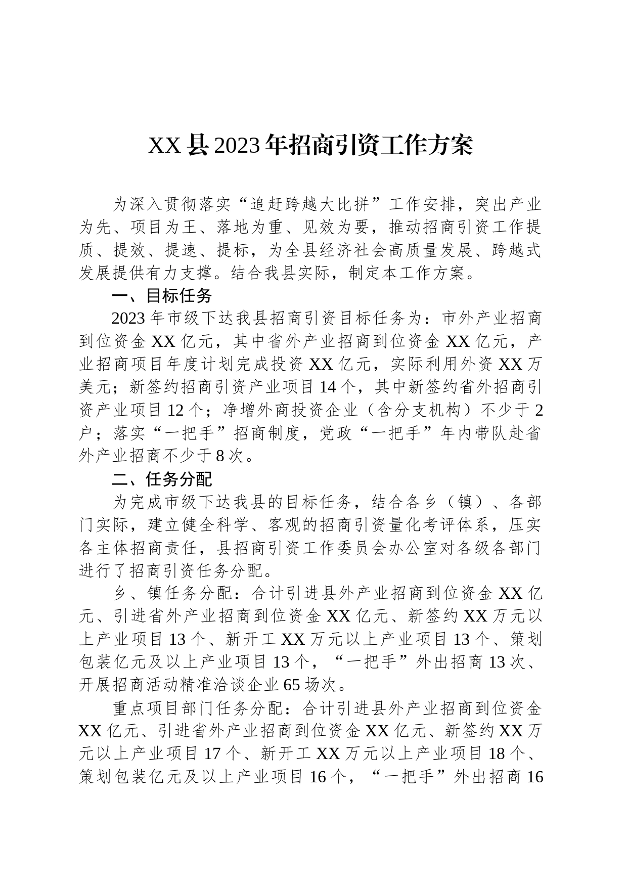 XX县2023年招商引资工作方案(20230728)_第1页