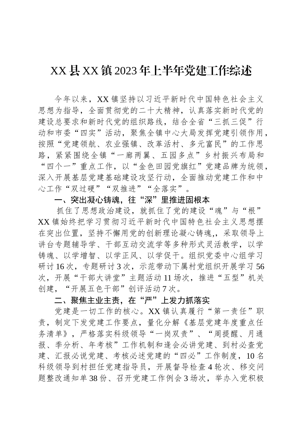 XX县XX镇2023年上半年党建工作综述（20230726）_第1页