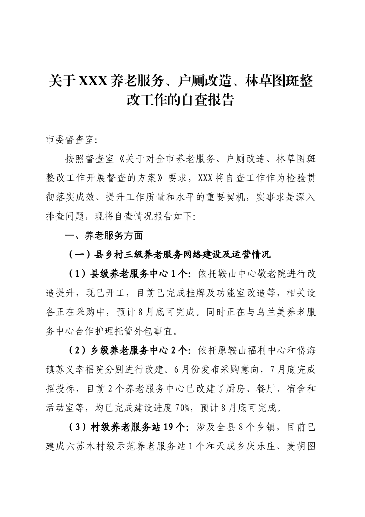 关于XXX养老服务、户厕改造、林草图斑整改工作的自查报告_第1页