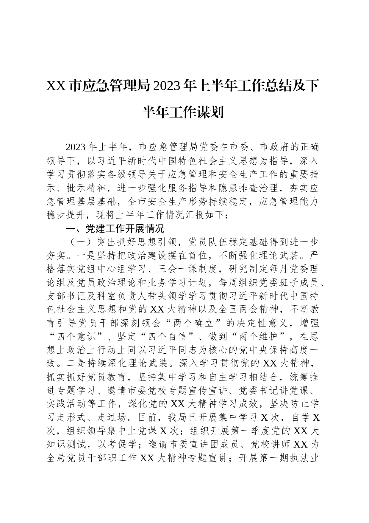 XX市应急管理局2023年上半年工作总结及下半年工作谋划_第1页