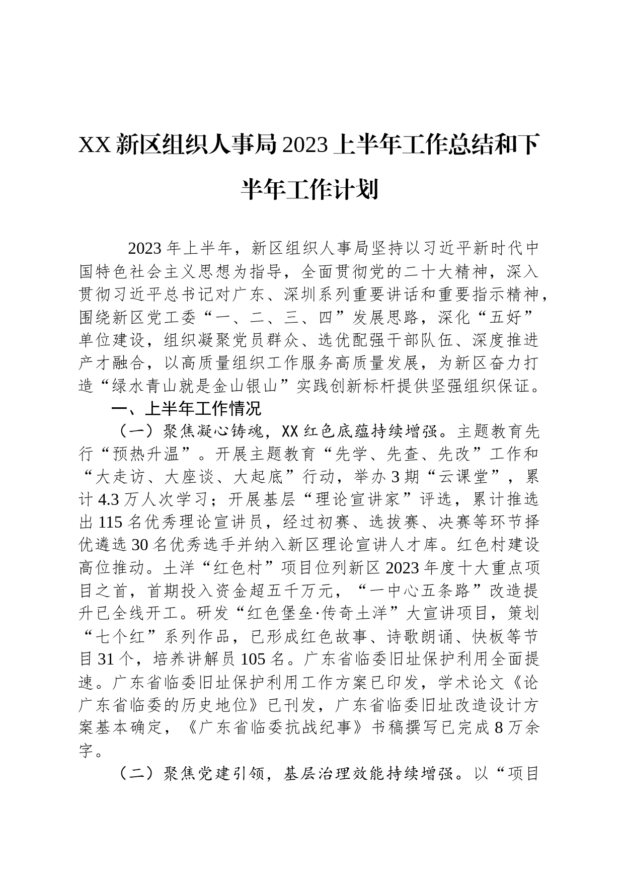 XX新区组织人事局2023上半年工作总结和下半年工作计划(20230731)_第1页