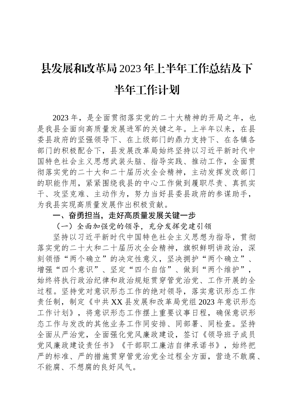 县发展和改革局2023年上半年工作总结及下半年工作计划（20230630）_第1页