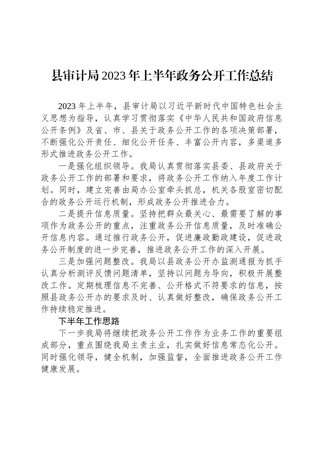 县审计局2023年上半年政务公开工作总结（20230704）_第1页