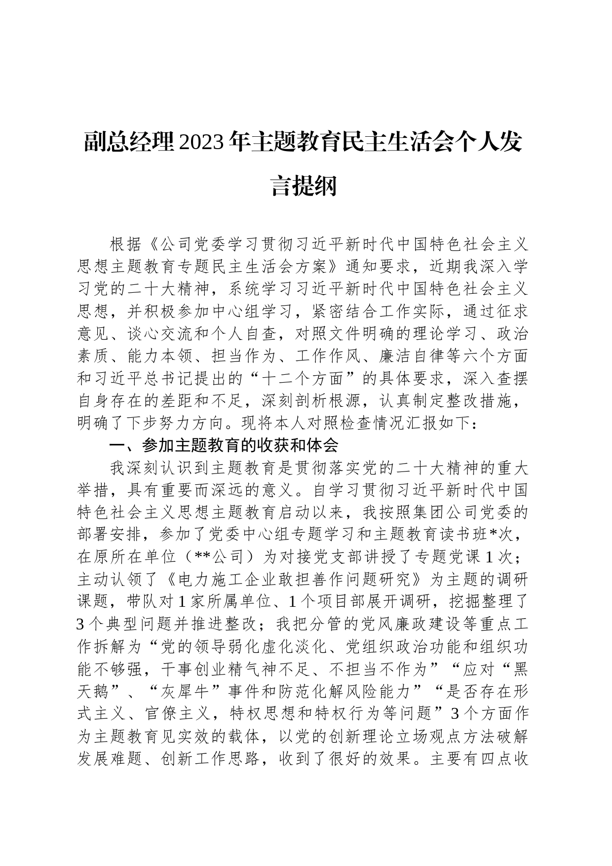 副总经理2023年主题教育民主生活会个人发言提纲_第1页