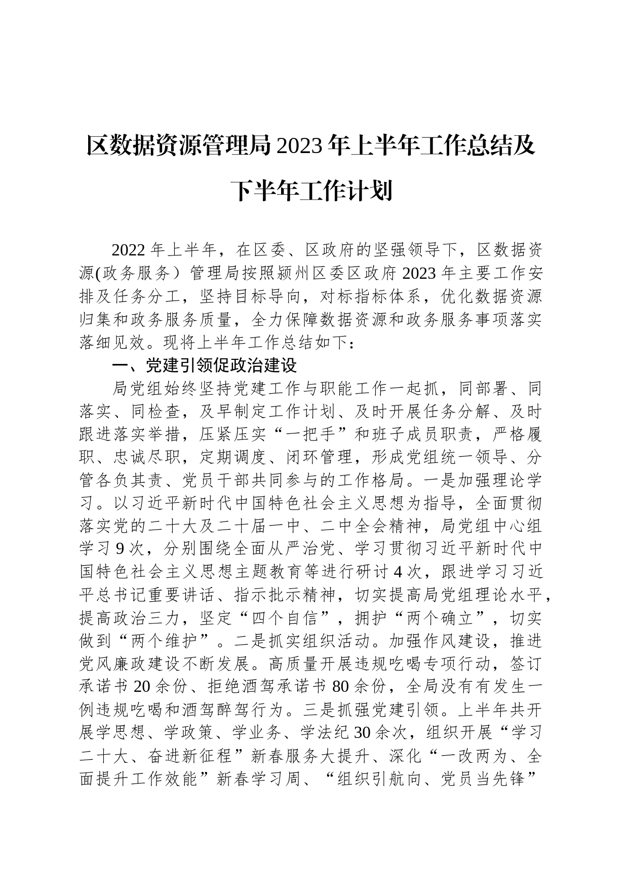 区数据资源管理局2023年上半年工作总结及下半年工作计划（20230704）_第1页