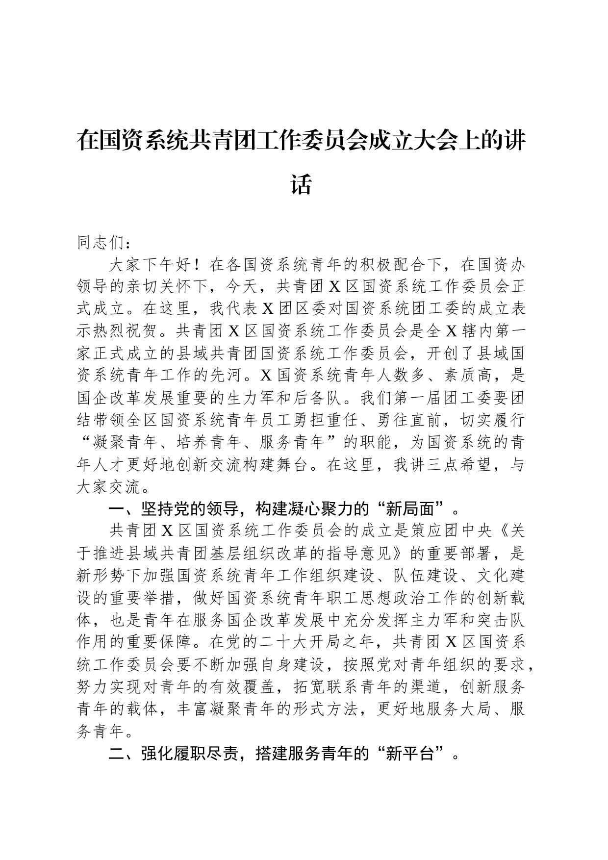 在国资系统共青团工作委员会成立大会上的讲话_第1页