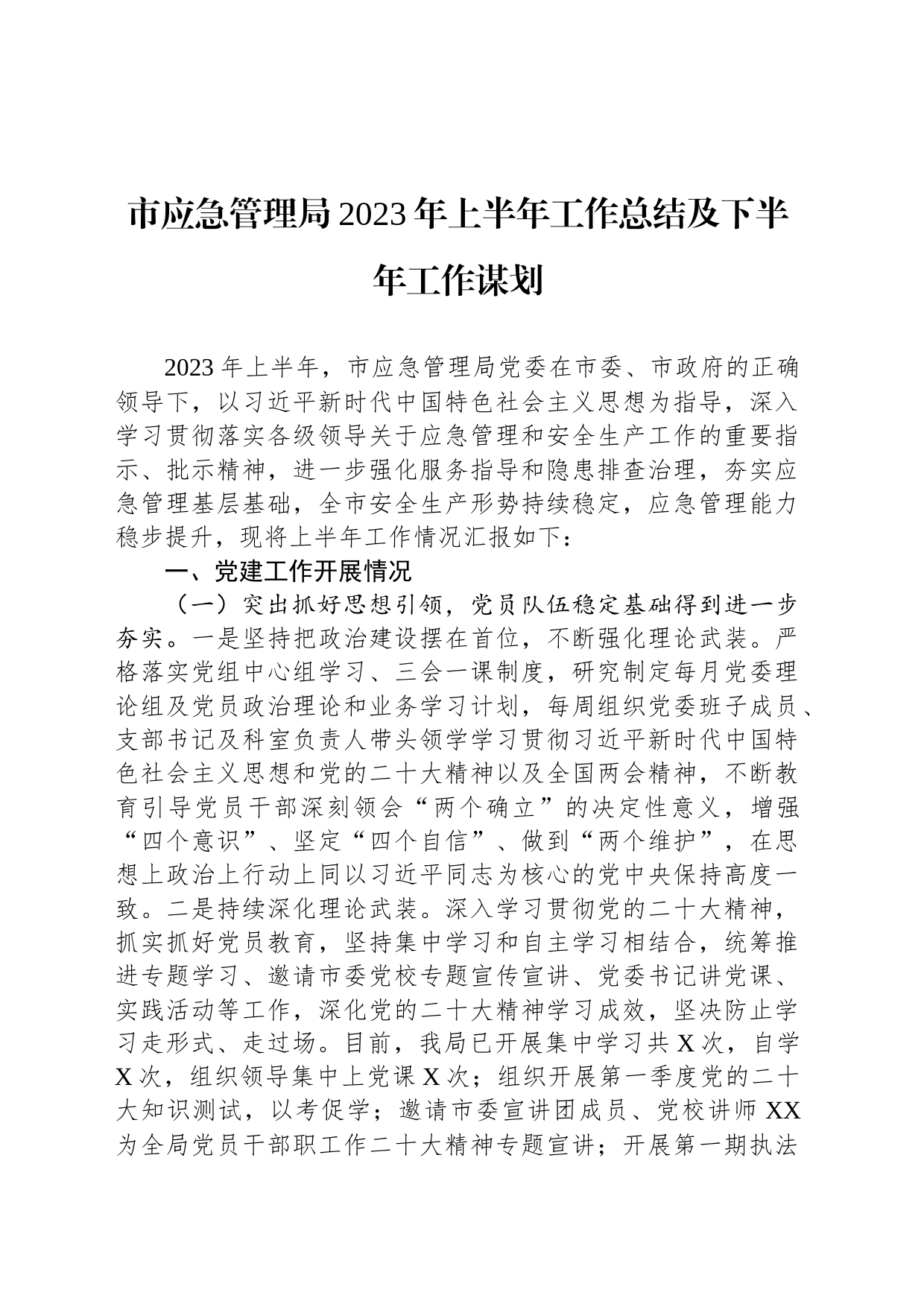 市应急管理局2023年上半年工作总结及下半年工作谋划_第1页