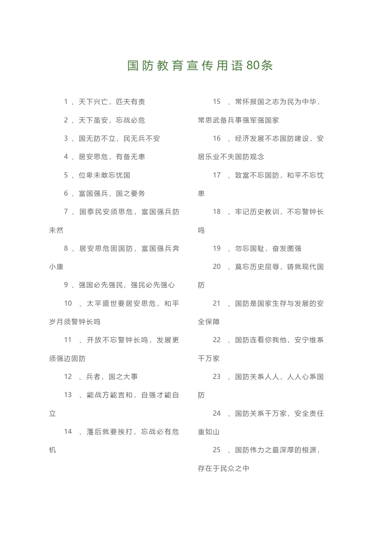 国防教育宣传用语80条_第1页