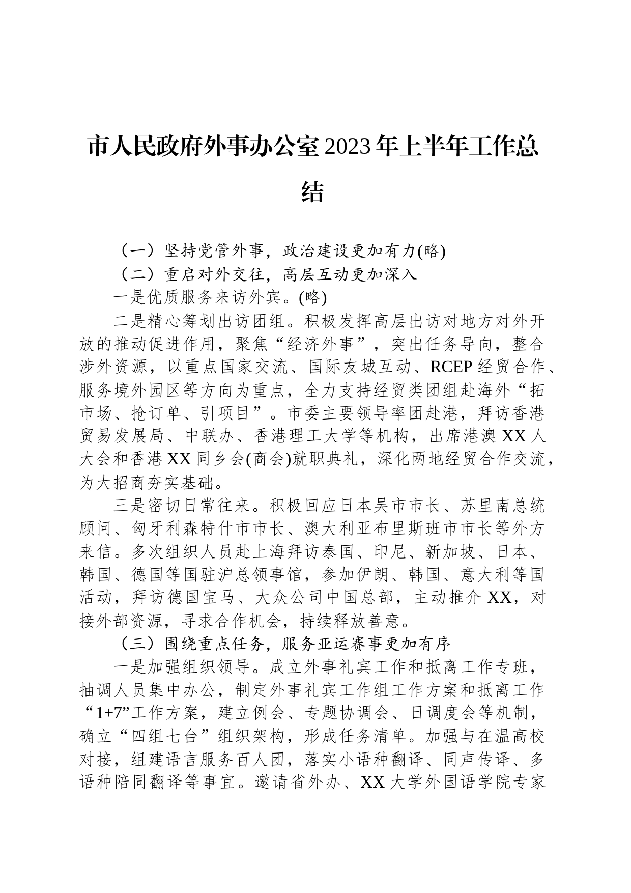 市人民政府外事办公室2023年上半年工作总结（20230710）_第1页