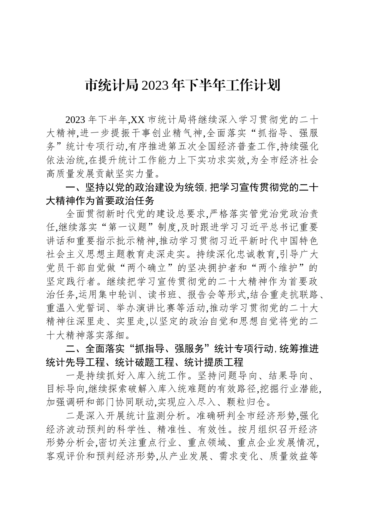 市统计局2023年下半年工作计划_第1页