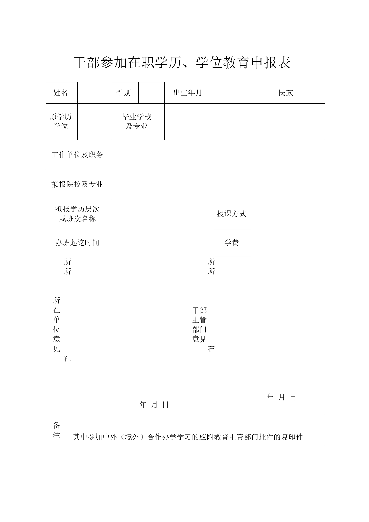 干部参加在职学历、学位教育申报表（模板  一式一份）_第1页