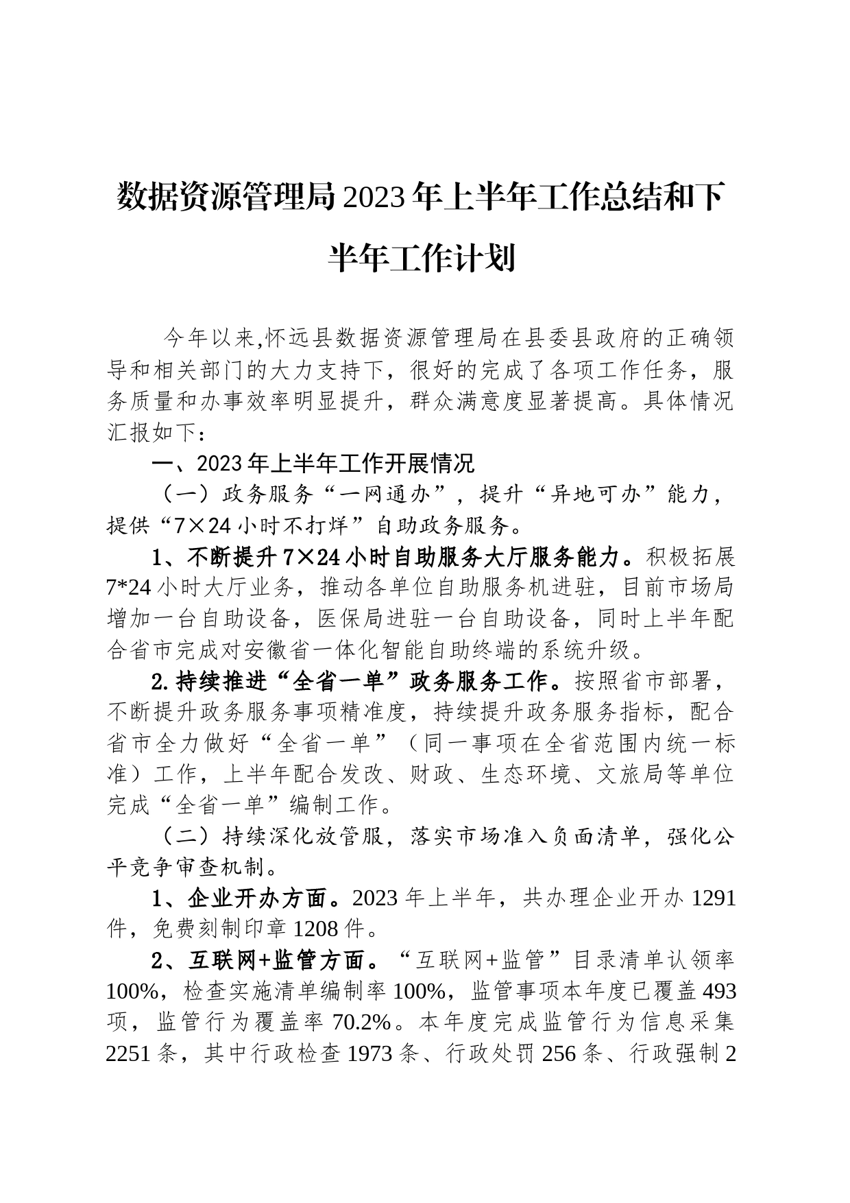 数据资源管理局2023年上半年工作总结和下半年工作计划(20230705)_第1页