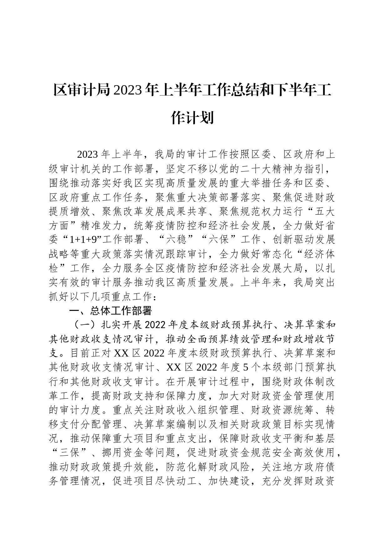 区审计局2023年上半年工作总结和下半年工作计划(20230721)_第1页