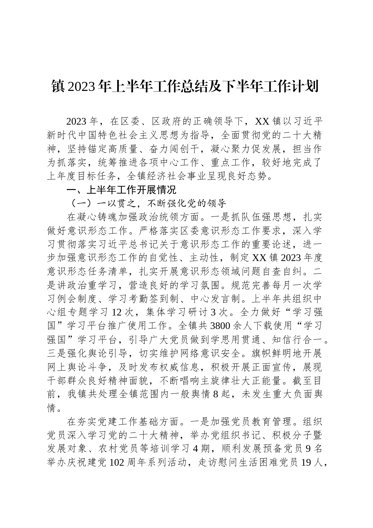 镇2023年上半年工作总结及下半年工作计划(20230630)_第1页