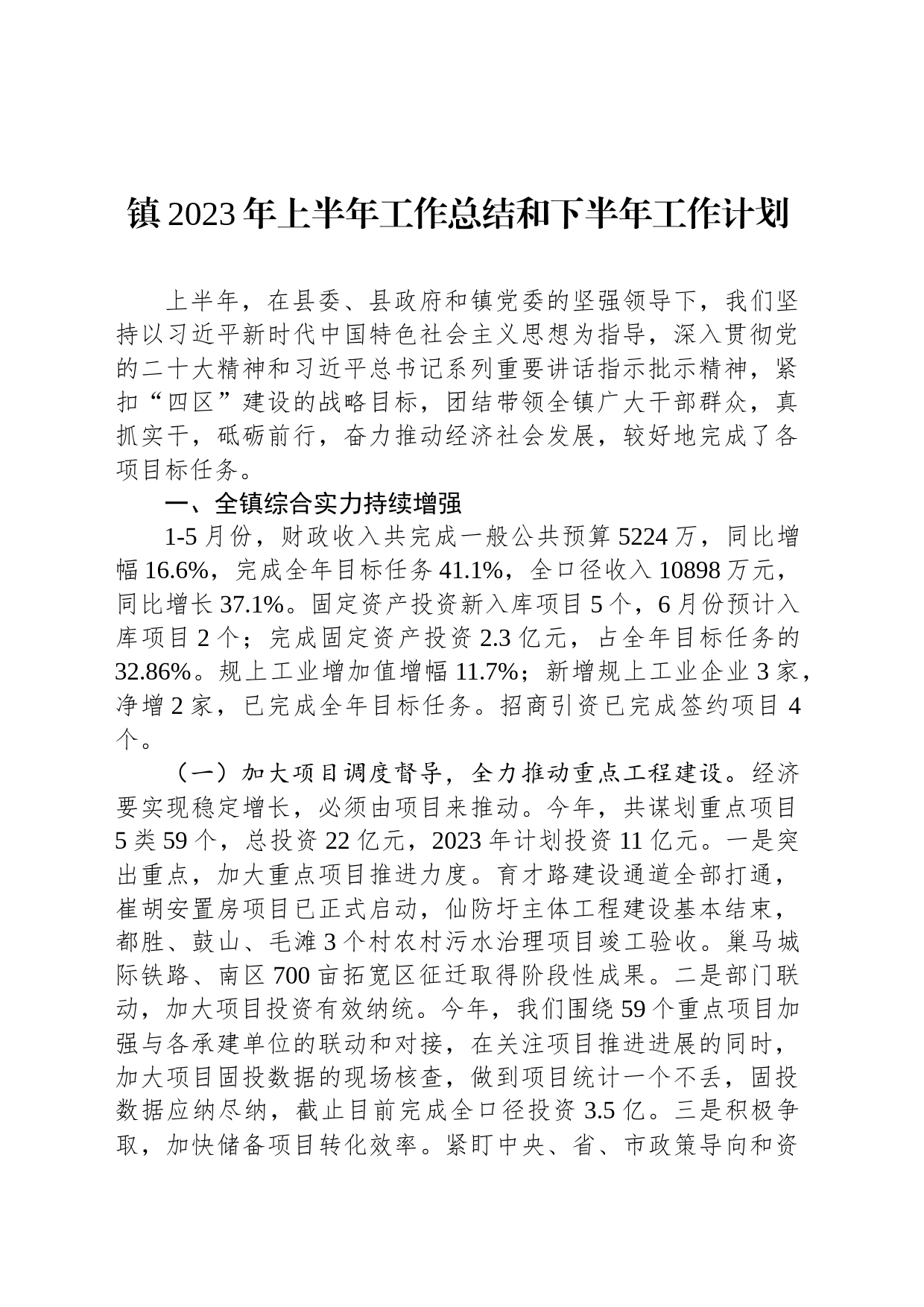 镇2023年上半年工作总结和下半年工作计划（20230704）_第1页