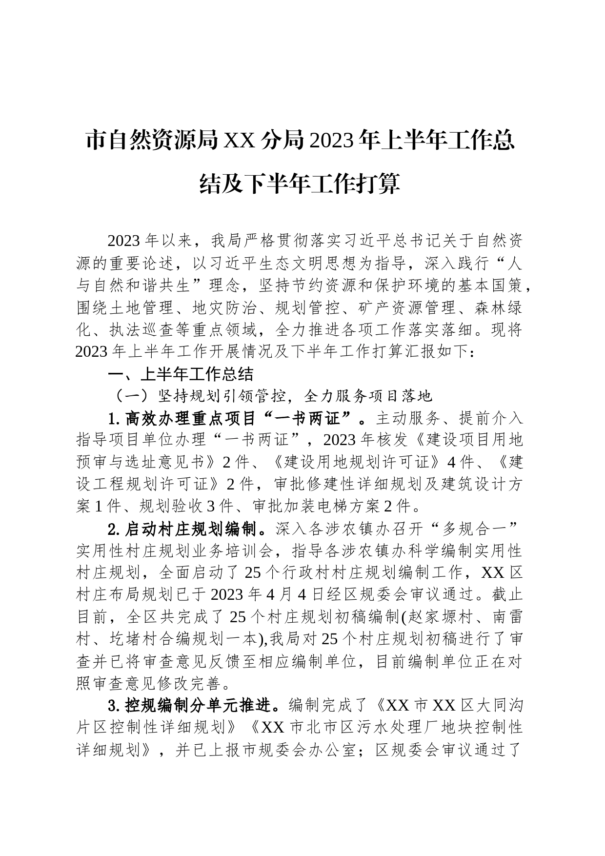 市自然资源局XX分局2023年上半年工作总结及下半年工作打算_第1页