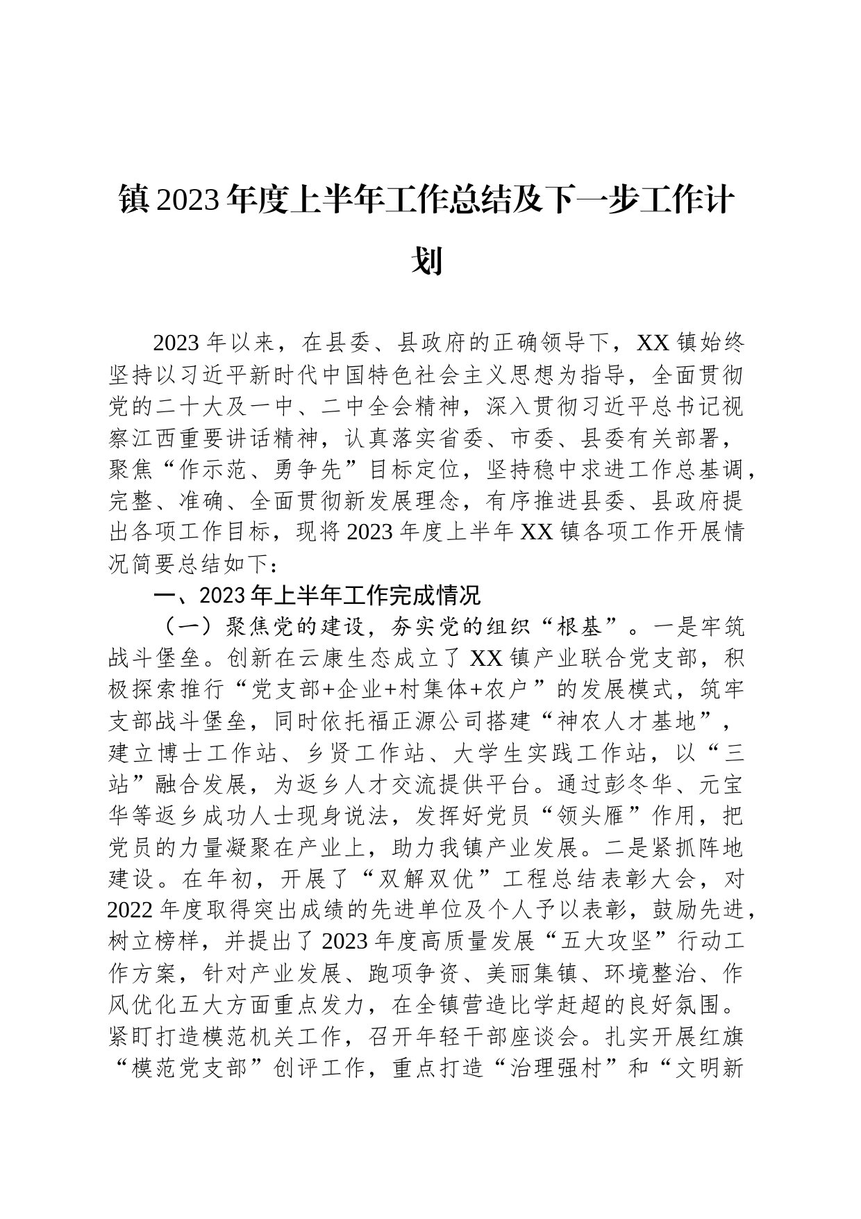 镇2023年度上半年工作总结及下一步工作计划（20230628）_第1页