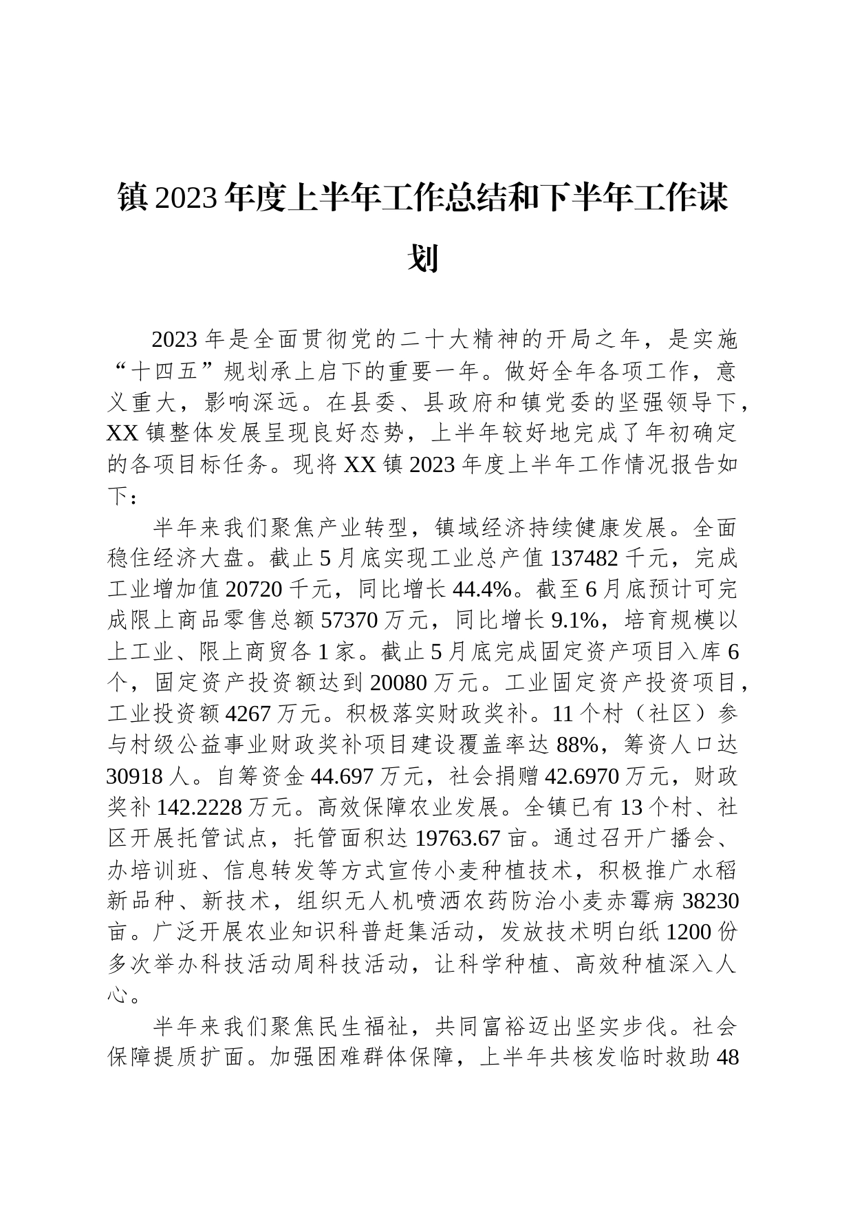 镇2023年度上半年工作总结和下半年工作谋划（20230706）_第1页