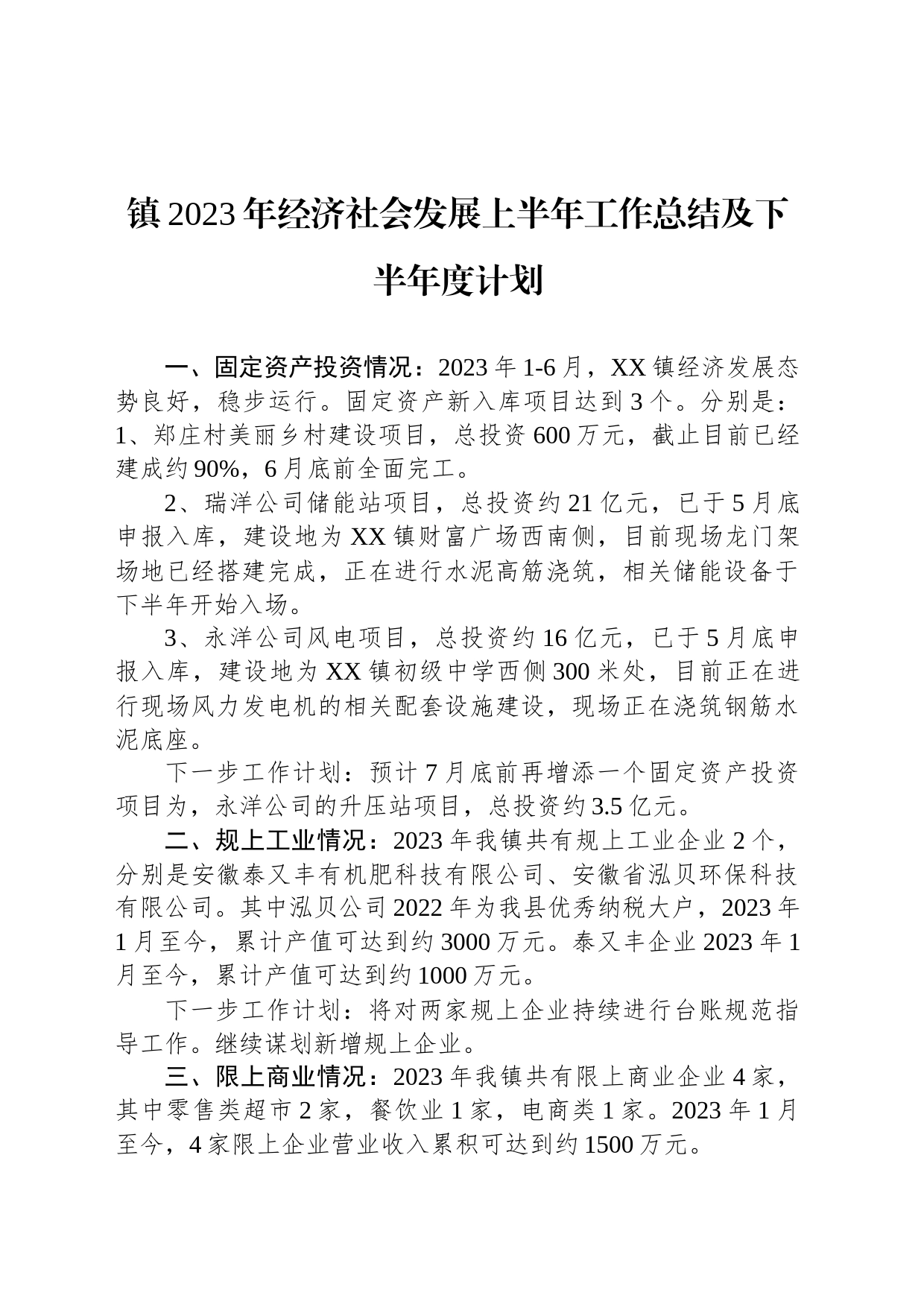 镇2023年经济社会发展上半年工作总结及下半年度计划(20230628)_第1页