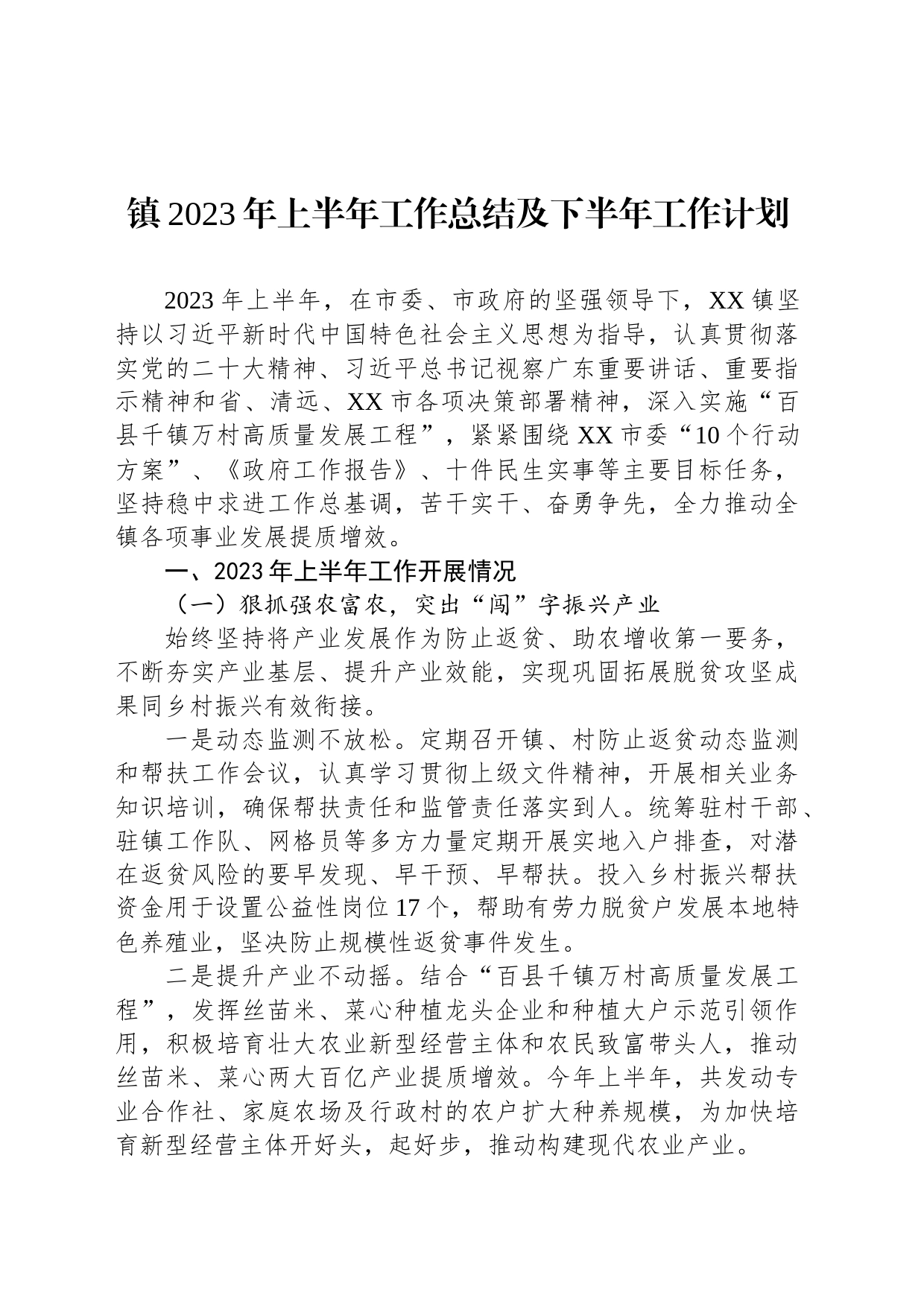 镇2023年上半年工作总结及下半年工作计划（20230801）_第1页