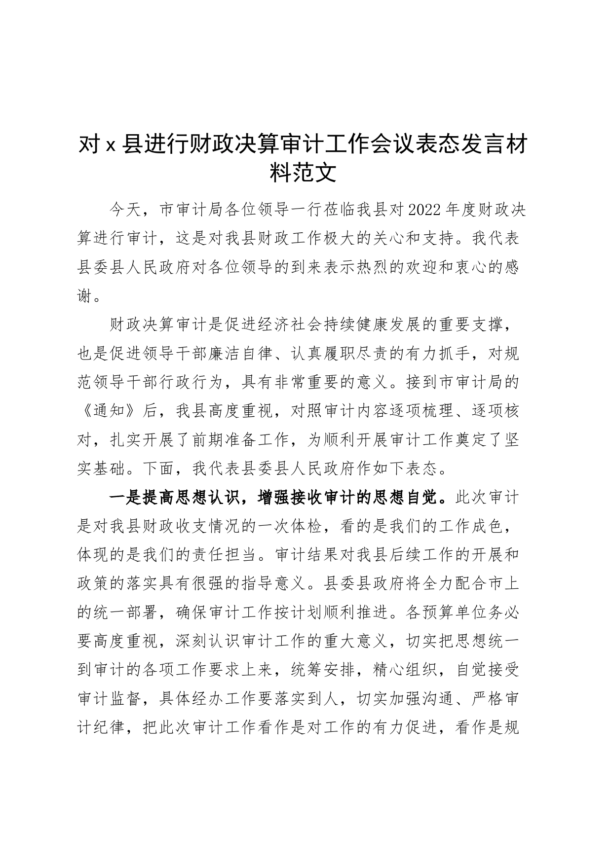 对x县进行财政决算审计工作会议表态发言材料_第1页