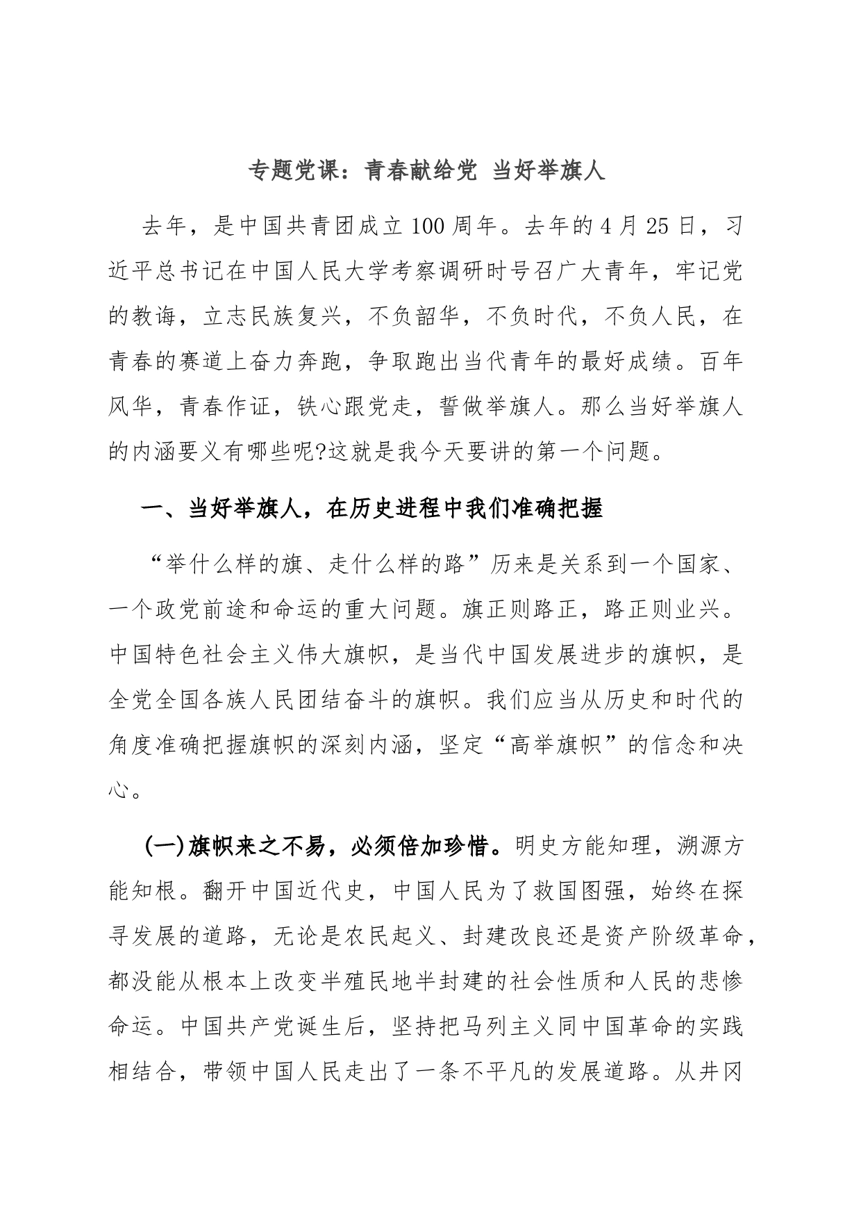 专题党课：青春献给党 当好举旗人_第1页