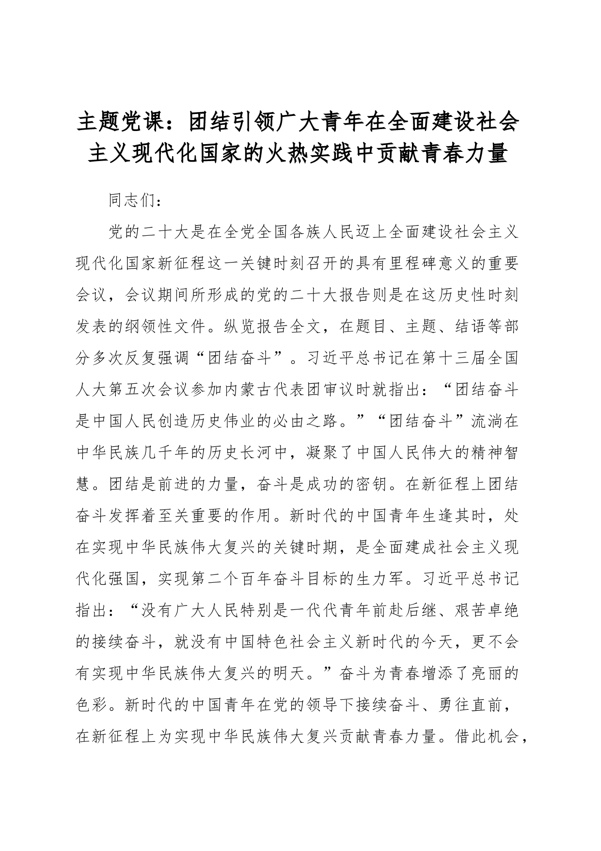 主题党课：团结引领广大青年在全面建设社会主义现代化国家的火热实践中贡献青春力量_第1页