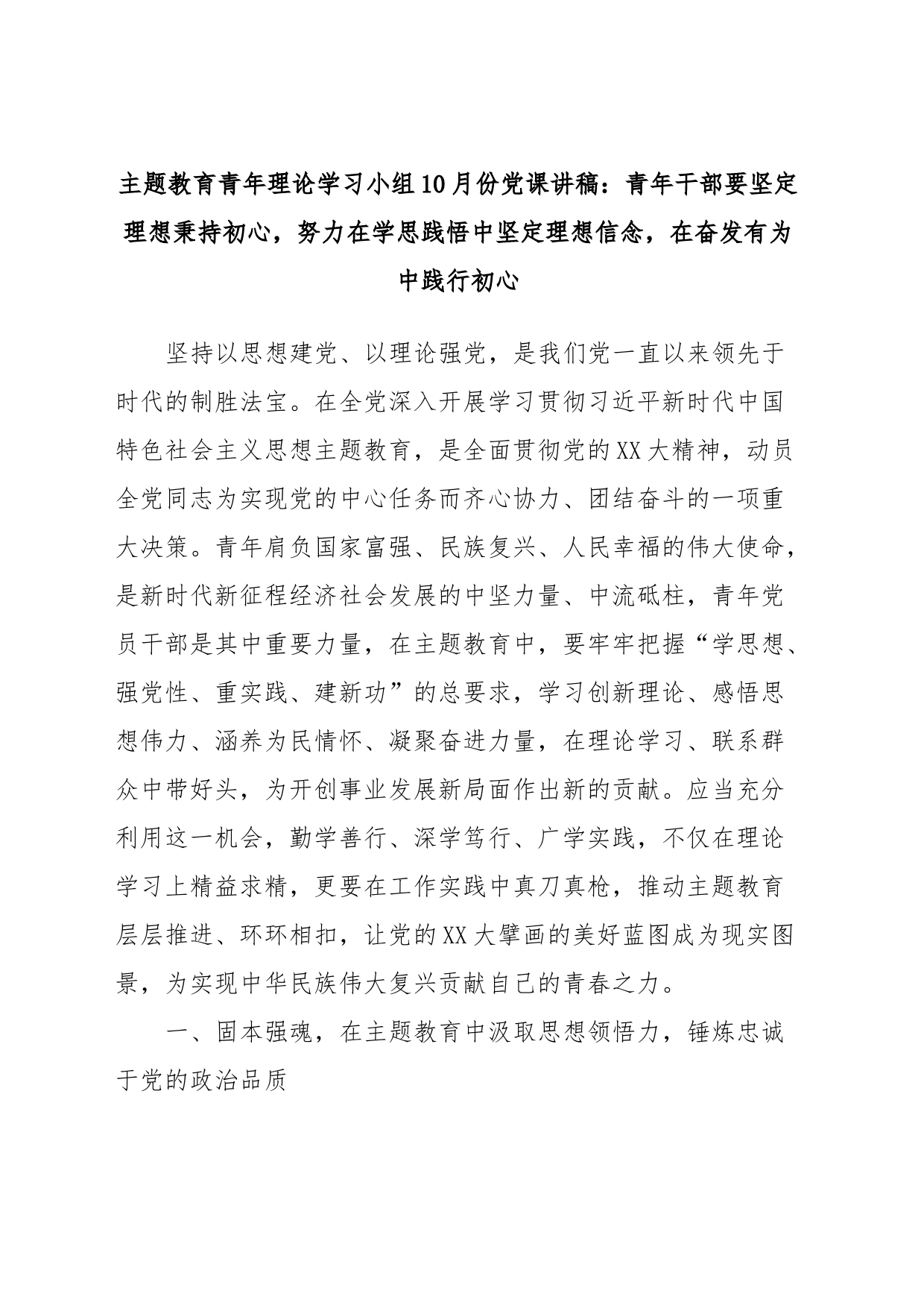 主题教育青年理论学习小组10月份党课讲稿：青年干部要坚定理想秉持初心，努力在学思践悟中坚定理想信念，在奋发有为中践行初心_第1页