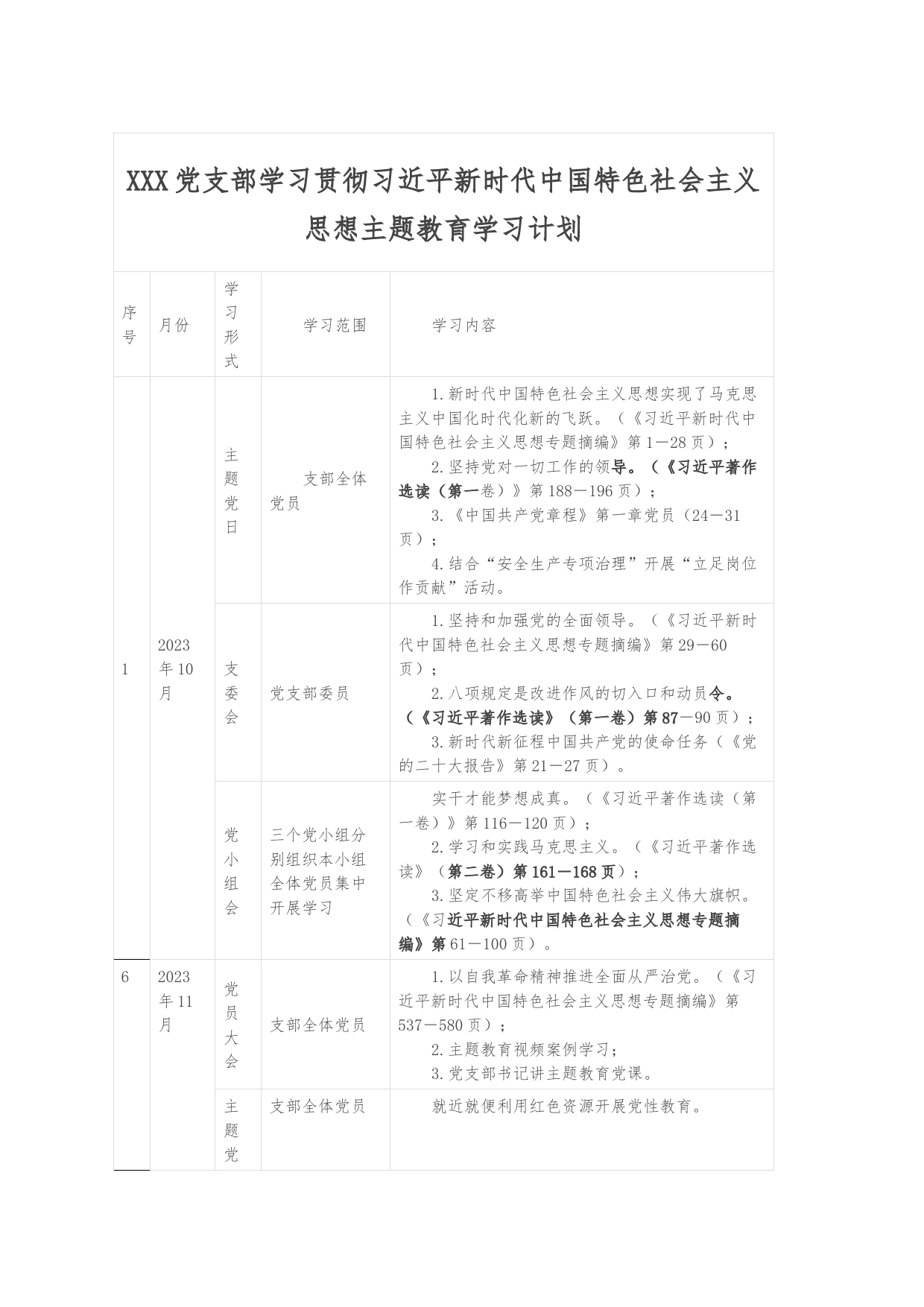 XXX党支部学习贯彻习近平新时代中国特色社会主义思想主题教育学习计划_第1页
