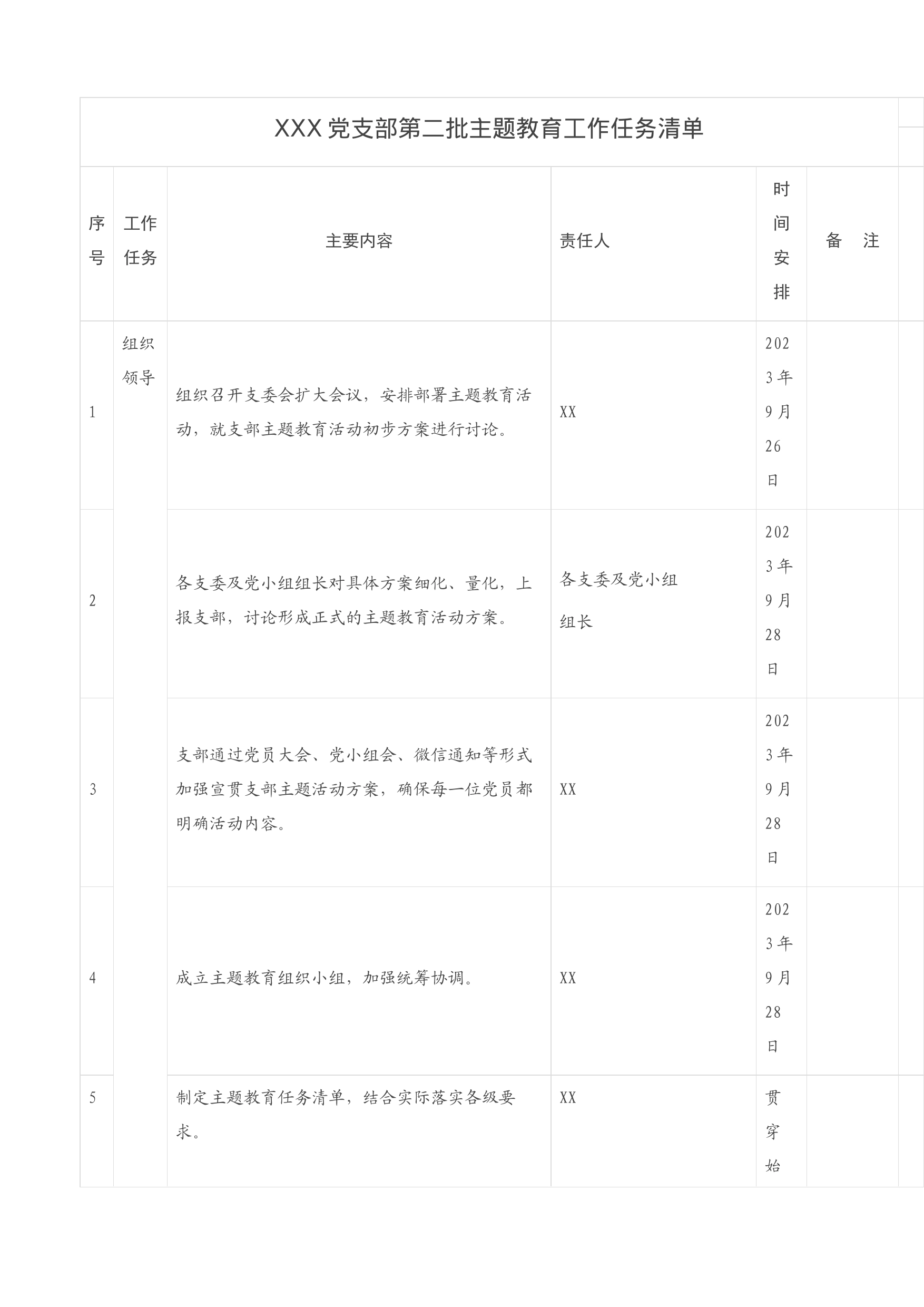 XXX党支部第二批主题教育工作任务清单_第1页