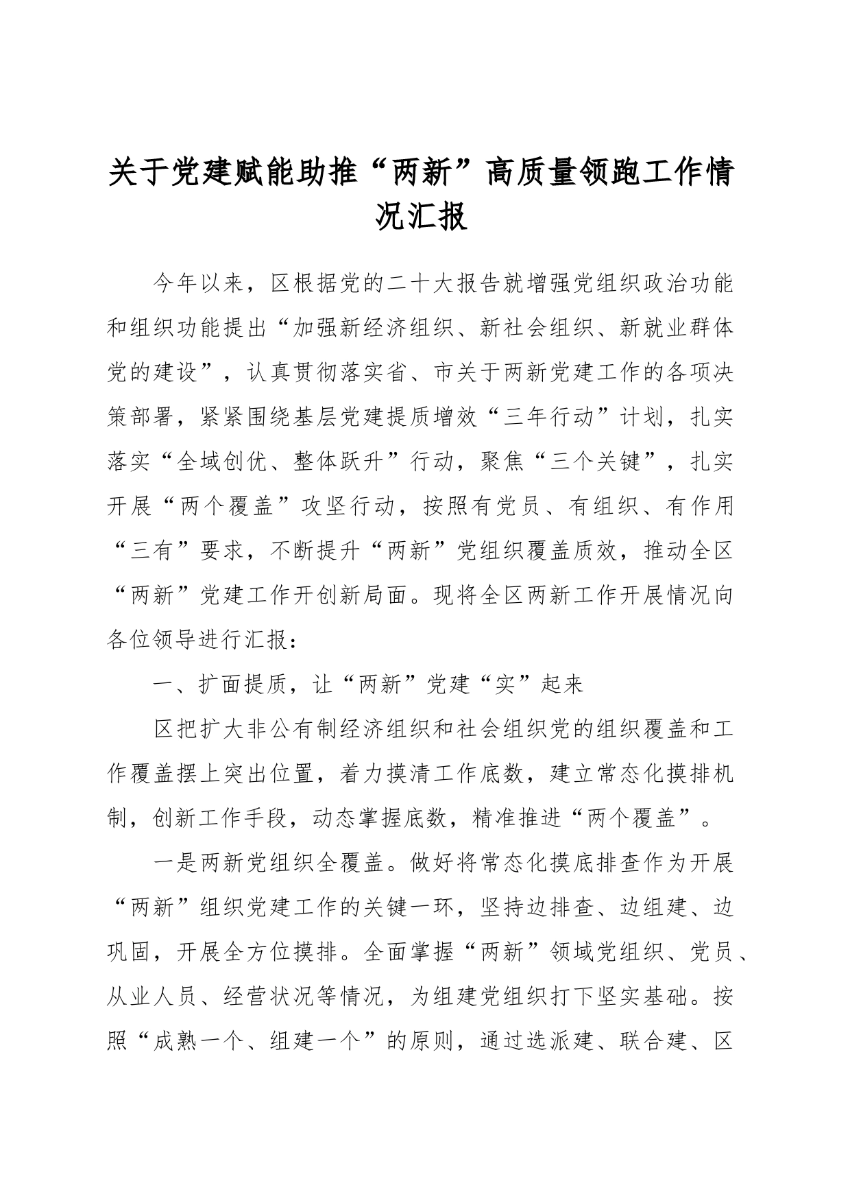 关于党建赋能助推“两新”高质量领跑工作情况汇报_第1页
