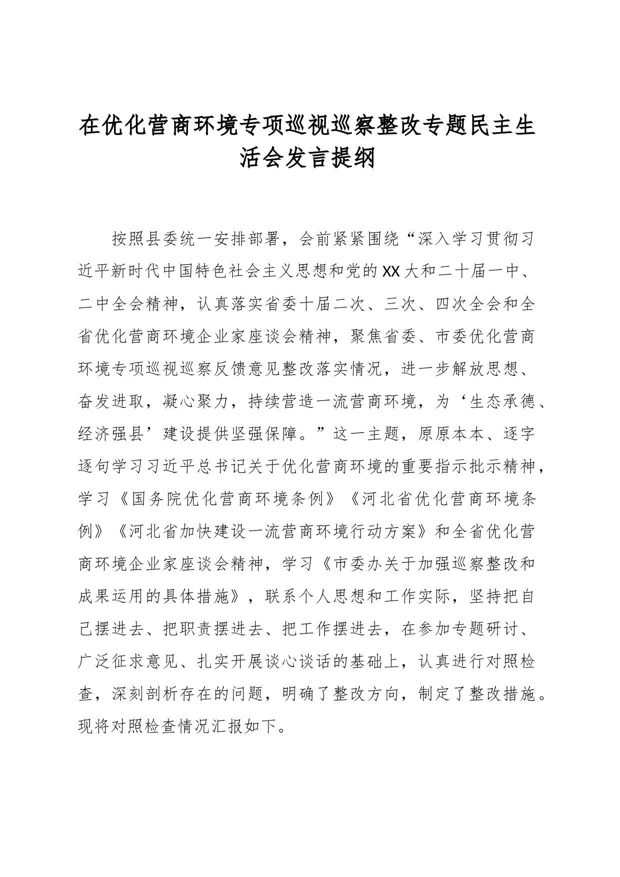 在优化营商环境专项巡视巡察整改专题民主生活会发言提纲_第1页