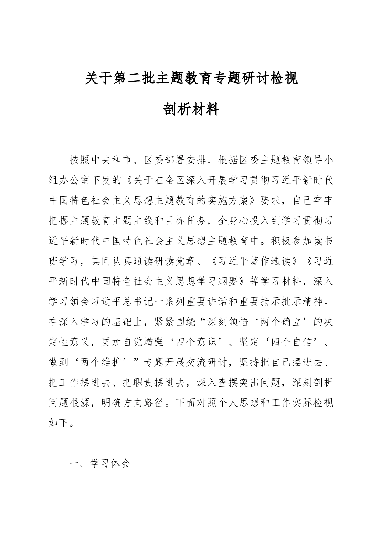 关于第二批主题教育专题研讨检视剖析材料_第1页