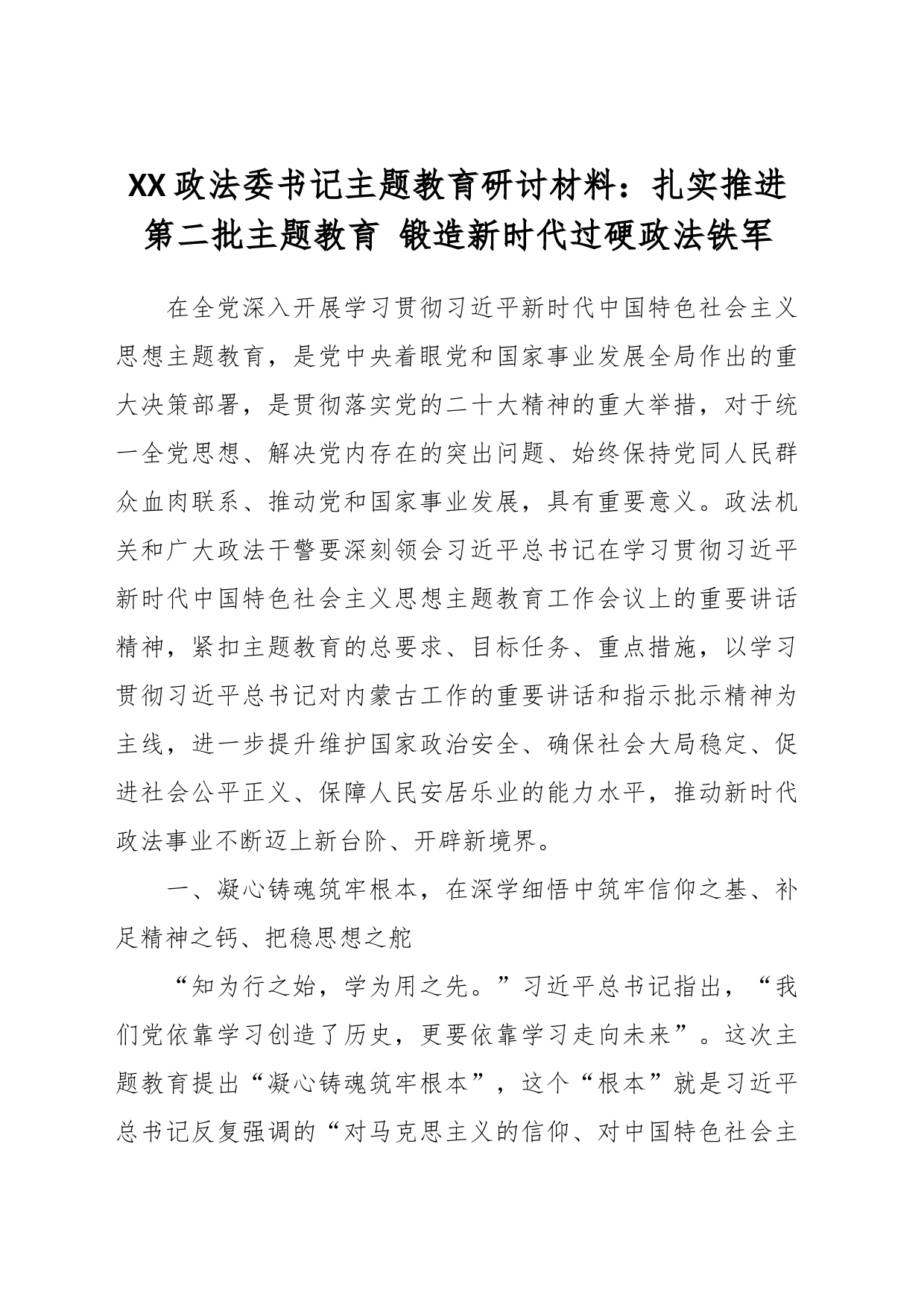 XX政法委书记主题教育研讨材料：扎实推进第二批主题教育 锻造新时代过硬政法铁军_第1页