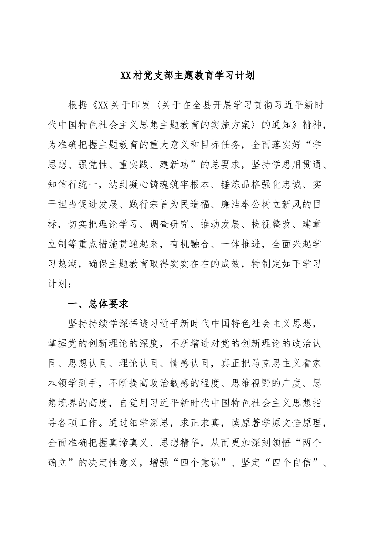 XX村党支部主题教育学习计划_第1页