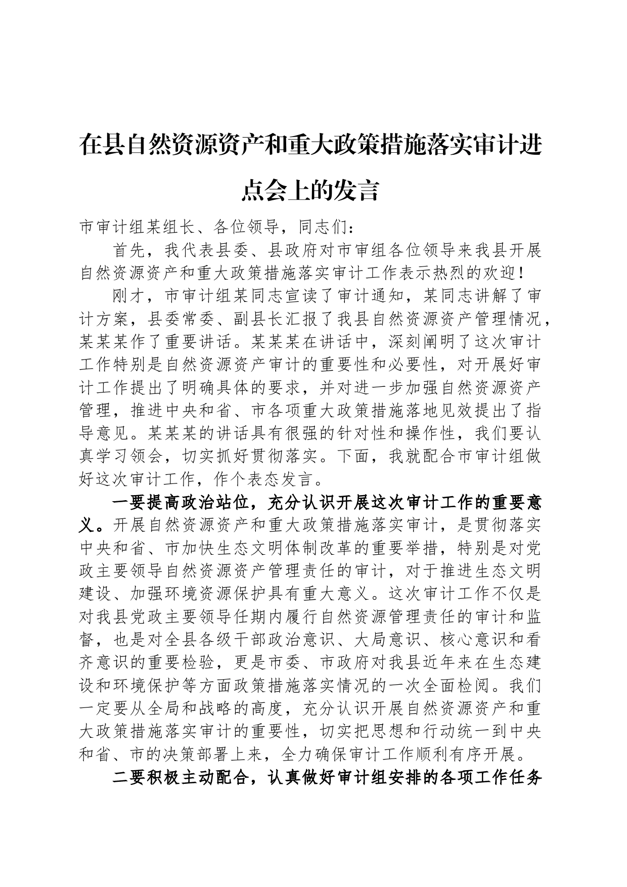 在县自然资源资产和重大政策措施落实审计进点会上的发言_第1页