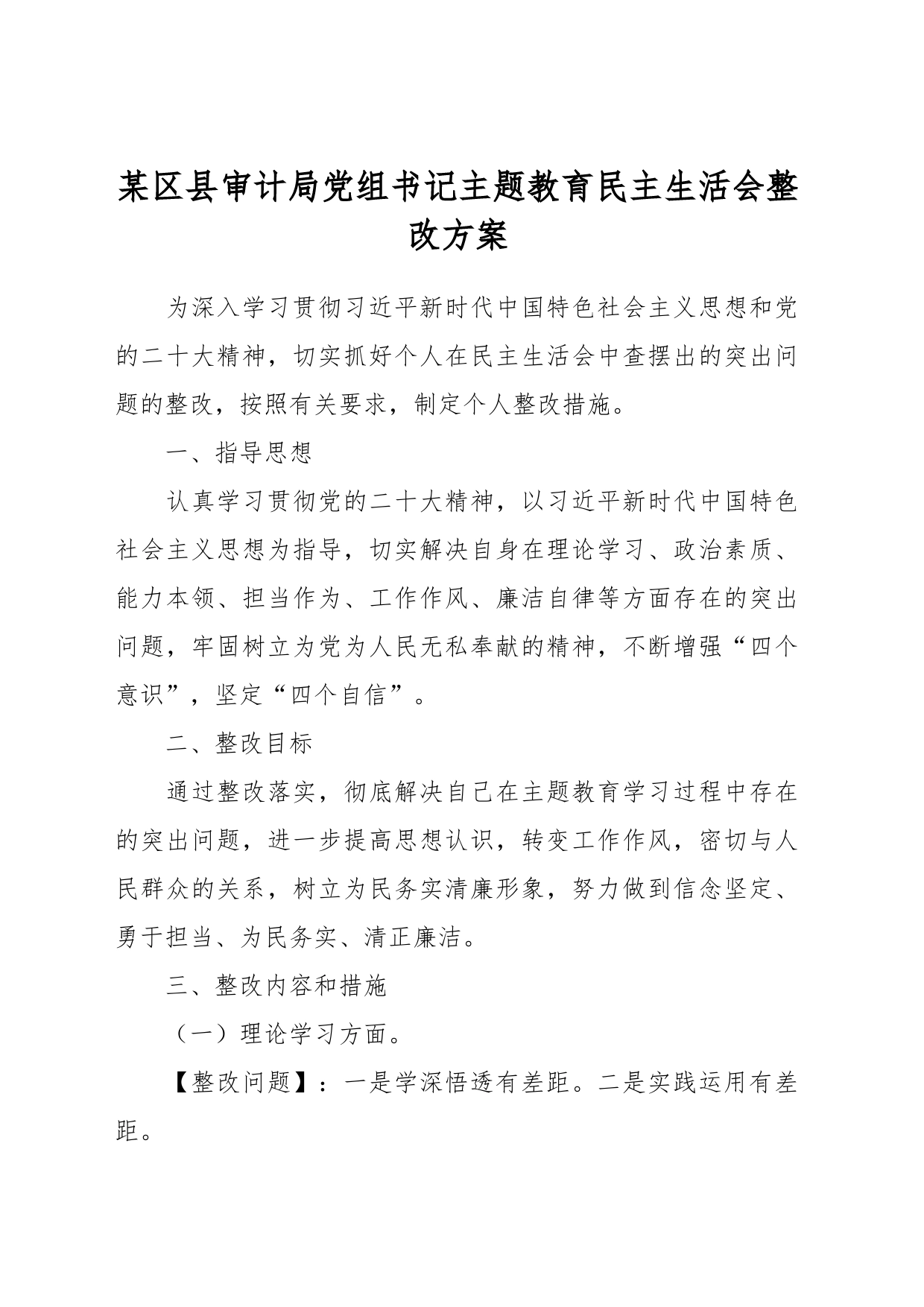 某区县审计局党组书记主题教育民主生活会整改方案_第1页