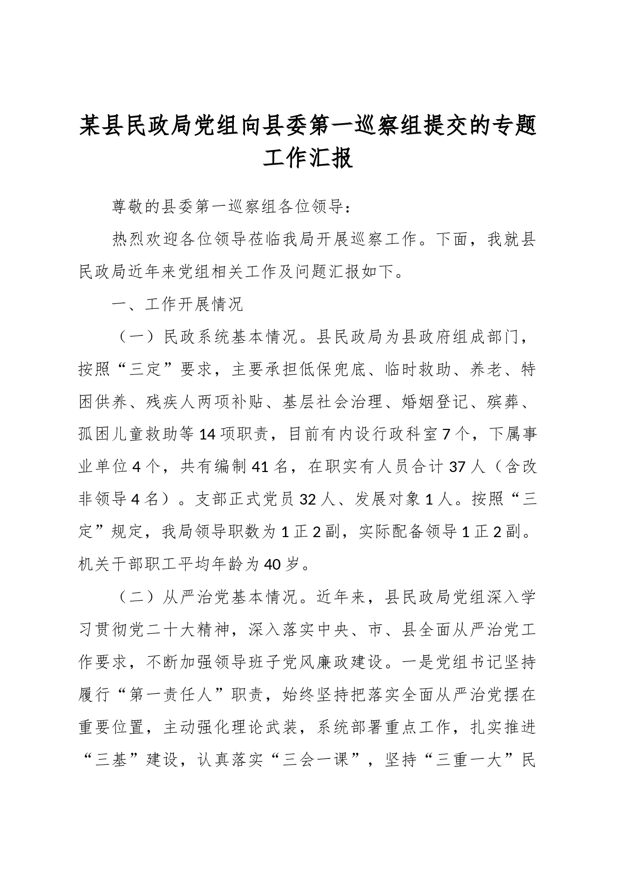 某县民政局党组向县委第一巡察组提交的专题工作汇报_第1页