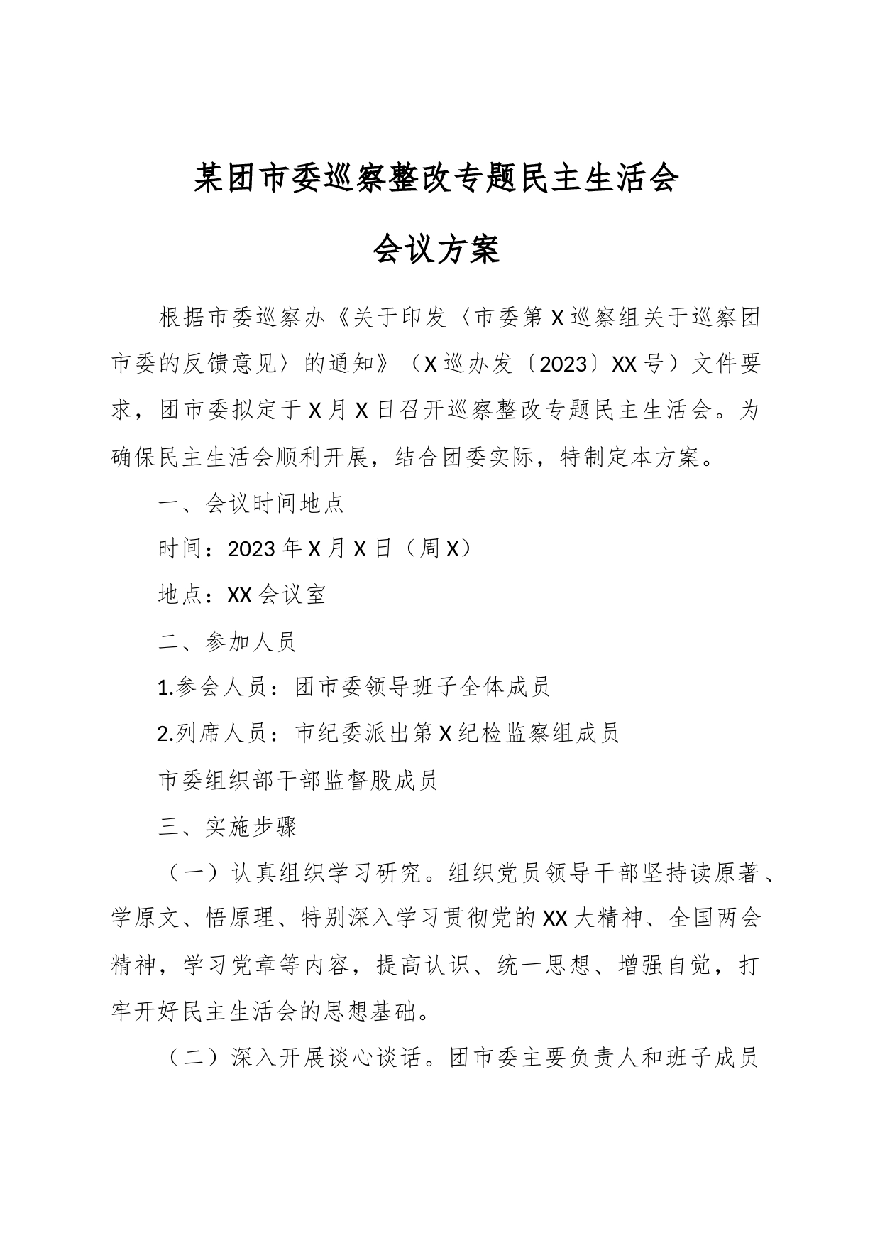 某团市委巡察整改专题民主生活会会议方案_第1页